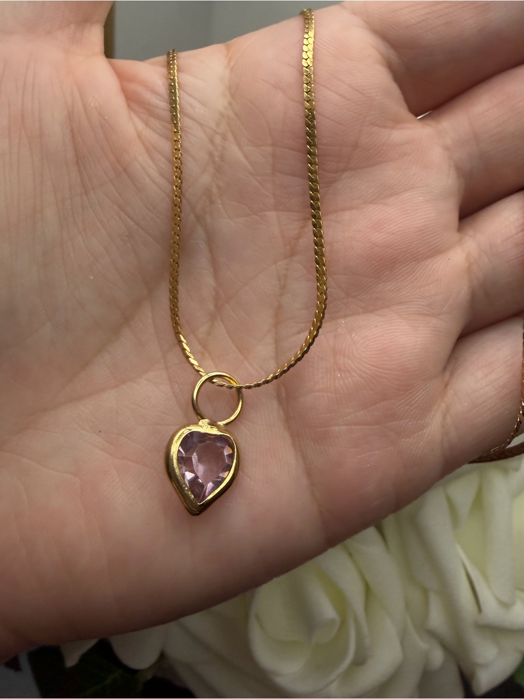 Gold Heart Pendant Necklace With Pink Gem